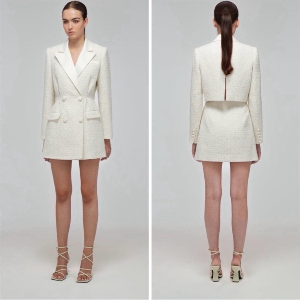 Self-Portrait Cream Cropped-Back Bouclé Blazer